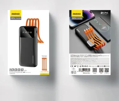 Produktbild von Dudao K6Pro Universal 10000mAh Powerbank mit USB-Kabel, USB Typ C, Lightning, schwarz (K6Pro-black)
