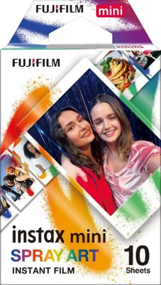 The image shows the packaging of Instax Mini Spray Art instant film. The packaging features colorful spray paint graphics and images of people taking photos.
