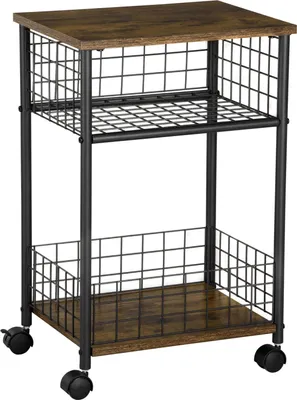 Imagen del producto de Carrito de cocina con superficie de trabajo, 2 cestos de almacenamiento, ruedas giratorias de 360°, color marrón rústico, dimensiones 40x30x62 cm
