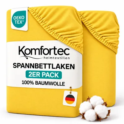 Produktbild von Komfortec 2er Pack Jersey Spannbettlaken 140x200 cm, 100% Baumwolle, Doppelpack Spannbettuch, Gelb