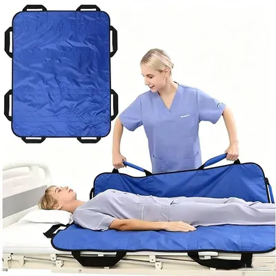 Image de Tapis de transfert multifonctionnel pour patients, 122x102cm, avec 8 poignées, supporte jusqu'à 180kg, lavable pour les personnes alitées, bleu