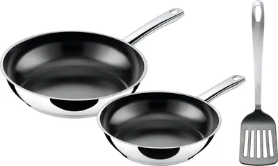 Two stainless steel frying pans and a spatula are displayed against a white background.