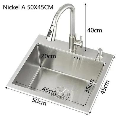 Produktbild von Küchenspüle Edelstahl 304 - Einbeckenspüle mit Wasserhahn - 50x45 cm rechteckig - Schürzenfront Einbau - Gebürstetes Nickel