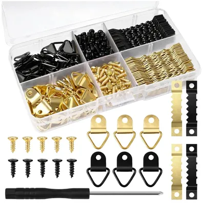 Produktbild von Set mit 252 Metall-Bilderhaken, schwarz und gold.
