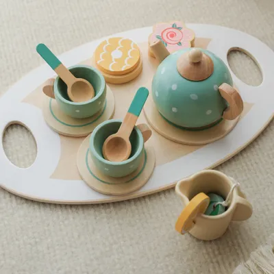 Produktbild von 15 pcs Kinder Teeservice Set Holz Zubehör für die Kinderküche, Hölzernes Teeset Spielzeug Nachmittagstee Party Set Lernendes Rollenspiel für Mädchen und Jungen