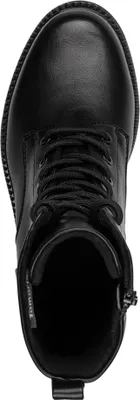 A top-down view of a black combat boot.