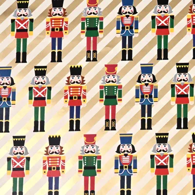 Produktbild von Geschenkpapier Nussknacker Motiv 70cm x 2m Rolle gestreift Gold / Bunt