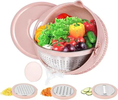 Image de Ustensile de cuisine multifonctionnel 4-en-1 - 3 râpes - bol en plastique - égouttoir - acier inoxydable