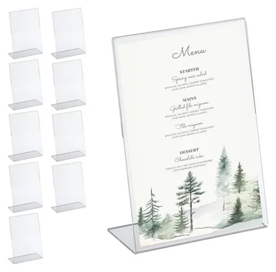 Image de Porte-menu acrylique transparent - Porte-brochure A5 - Lot de 10 - Présentoir de table en acrylique - Format DIN A5 - Support en L pour présentoir de table