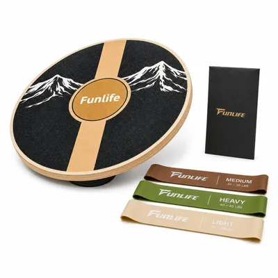Productafbeelding van FunLife SUMMIT Balance Board, rond, met 3 weerstandsbanden – 360° evenwichtstrainer voor core-training, coördinatie en stabiliteit, geschikt tot 100 kg, AI-gegenereerde afbeelding