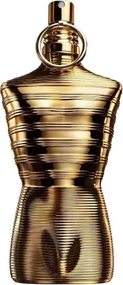 A gold-colored perfume bottle shaped like a human torso, against a white background.