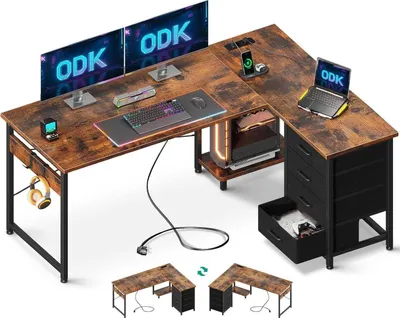 Produktbild von ODK Eckschreibtisch L Form Steckdosen USB-Ladeanschluss Vintage Braun 135 × 100 cm