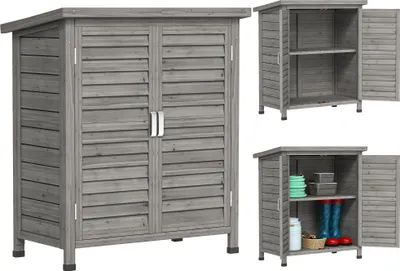 Image de Outsunny Armoire de jardin abri jardin remise pour outils sur pied dim. 87L x 46,5l x 96,5H cm étagère portes persiennes toit bitumé gris