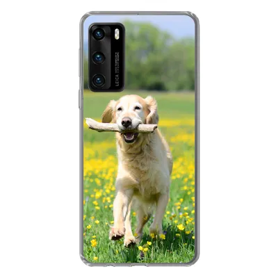 Produktbild von MuchoWow® Handyhülle Schutzhülle Hülle für Huawei P40 Golden Retriever mit einem Zweig im Maul zwischen gelben Blumen Silikon Softcase Handy Hülle - Handytasche