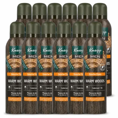 Immagine prodotto di 12 flaconi di schiuma doccia Kneipp Men, profumo Warm Woods, 200 ml ciascuno. Confezione da 12 pezzi