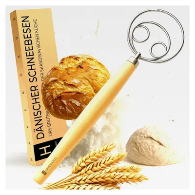 Produktbild von Dänischer Schneebesen mit 4 Schlaufen aus Edelstahl | Teigrührer für Brot, Teig und Sauerteig | Teiglöffel mit Holzgriff