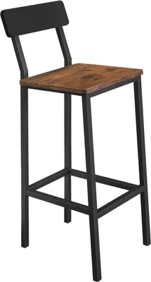 A single bar stool with a wooden seat and black metal frame, shown from a three-quarter angle against a white background.