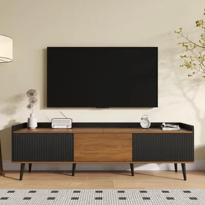 Image de Meuble TV avec 3 portes, dimensions 160x39x49,5 cm, finition noire et imitation bois