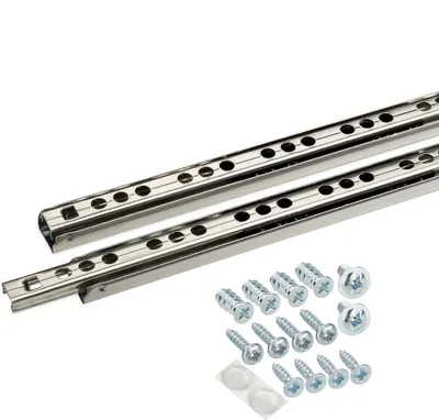 Two metal drawer slides and a set of screws on a white background.