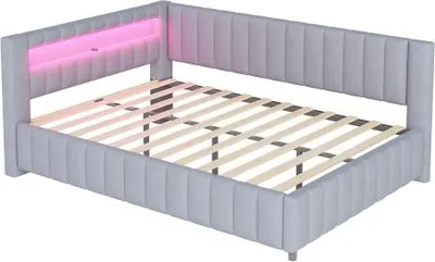 Produktbild von Hellgrau Schlafsofa 140x200 cm UJugendbett Gaestebett Ohne Matratze Polsterbett Gepolstert Aus Samtstoff LED-Licht USB-Ladeanschluss Schlafcouch Couchbett