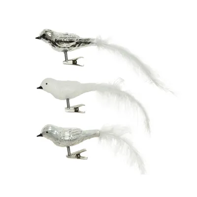 Produktbild von Christbaumschmuck Glas Vögel auf Clip 8cm 3er Set Silber / Weiß Mix