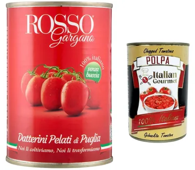 Produktbild von Rosso Gargano Italian Gourmet Rosso Gargano Datterini Pelati aus Apulien, 100% Italienische geschälte Datterini-Tomaten in Dose, ideal für Pizza, Pasta, Sugo, & mediterrane Küche, 24 x 400g + Italian Gourmet Polpa