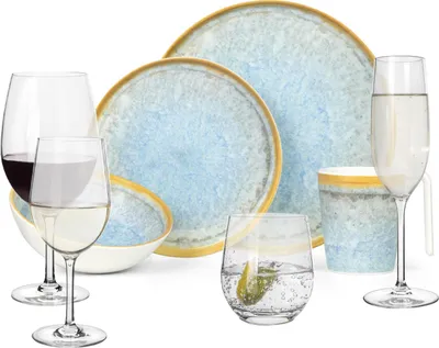 Obrázek produktu pro Melaminová sada kempingového nádobí pro 4 osoby Crystal Blue + 16 sklenic Tiamo Sklenice na vodu Sklenice na víno Sklenice na šampaňské Flûtes Nádobí na piknik BBQ Kuchyňské nádobí