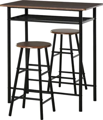 Image de HOMCOM Ensemble Table de Bar Design Industriel + 2 tabourets MDF Imitation Bois Noyer métal Noir