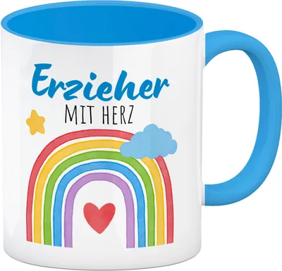 Produktbild von Regenbogen Kaffeebecher in hellblau mit Spruch Erzieher mit Herz
