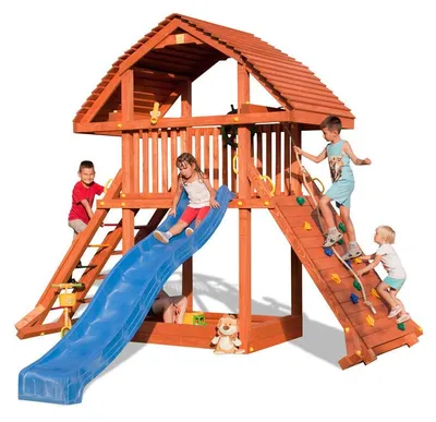Obrázok produktu pre Fungoo hracia veža / záhradný domček GIANT, so šmykľavkou 2,9 m, šikmou drevenou strechou, lezeckou stenou a pieskoviskom; 00925