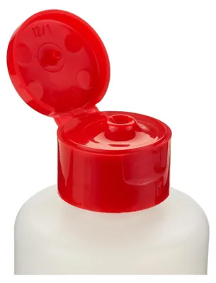 Produktbild von 6 Plastikflaschen 250 ml rund aus HDPE, G25, Klappscharnierverschluss, je 2x schwarz, rot, weiss