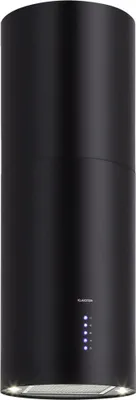 A black cylindrical range hood is shown against a white background.