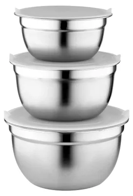 Produktbild von Edelstahlschüsseln mit Deckel im 3er Set – Schüssel Set in 3 Größen 14, 16, 18 cm – Rührschüsseln mit luftdichtem Deckel – Spülmaschinenfest – Ideal zum Backen und Kochen – Farbe: Silber