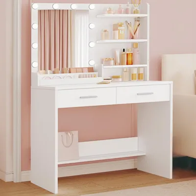 Image de Table de maquillage avec miroir et éclairage LED, 90 cm, blanche, 2 tiroirs, 4 étagères ouvertes