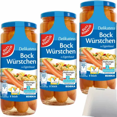 Produktbild von Gut & Günstig  Bockwürstchen in Eigenhaut Spitzenqualität 3er Pack (24 Stück 3x360g ATG) + usy Block