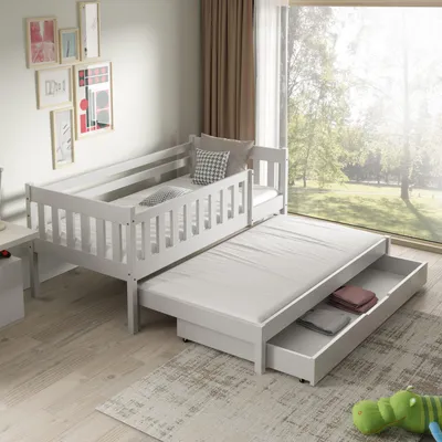 Produktbild von Masseno Kinderbett STELLA 80x160 cm mit Schublade, Rausfallschutz, Kinderbett mit Leiter für Mädchen und Jungs, Stockbett 2 Kinder, Weiß