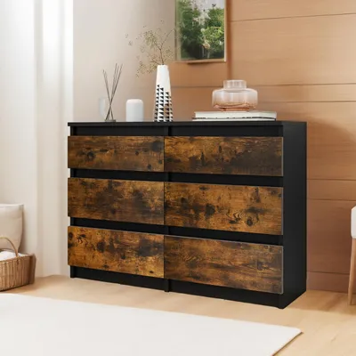 Obrázok produktu pre Komoda, 6 zásuviek, 100x30x70 cm, drevo, čierna, rustikálny štýl, hnedá
