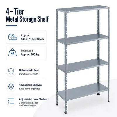 Image de Étagère de stockage - Étagère métallique autoportante - 4 niveaux - Hauteur réglable - Métal galvanisé - 145 x 75,5 x 30 cm - Charge totale : 160 kg - Idéale pour garage et cave