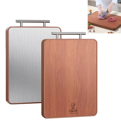 Produktbild von Schneidebretter, Doppelseitiges Schneidebrett Holz & Edelstahl – 2-in-1 Küchenbrett, Rutschfestes Cutting Board, Anti-Slip-Rahmen, 42x29x1,8 cm