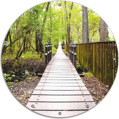Produktbild von Wallario rundes Outdoor-Poster für Garten oder Balkon, Motiv Spaziergang im Wald  Holzweg über einen Fluss, 90 cm Durchmesser