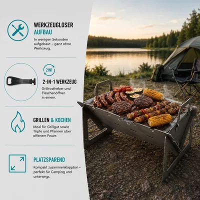 Image de Gril pliant en acier brut, idéal pour le camping, les barbecues et les activités de plein air. Modèle 11491