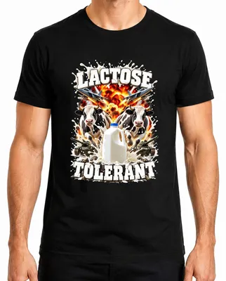 Zdjęcie produktu dla T-shirt męski "Action Explosion", czarny, rozmiar M, napis: "Lactose Tolerant Kuh Milch" (co można przetłumaczyć jako: "Mleko dla osób tolerujących laktozę")