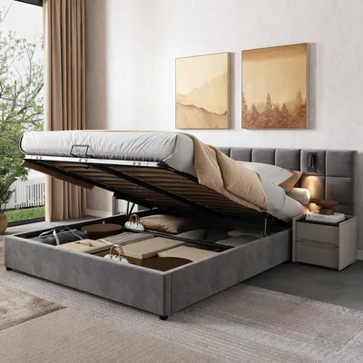 Image de MODFU Lit Coffre Double 160×200 cm avec Éclairage Orientable et USB - Lit Capitonné Moderne en Velours avec Rangement - Sans Matelas - Gris