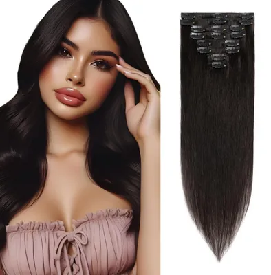 Zdjęcie produktu dla Pasemka do włosów typu clip-in, naturalne włosy, zestaw 8 sztuk, kolor #1B (czarny naturalny), długość 45 cm
