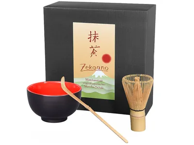 Produktbild von Matcha Set / Matchaset / Matcha Schale 250ml rot/schwarz mit Besen, Löffel in Geschenkbox