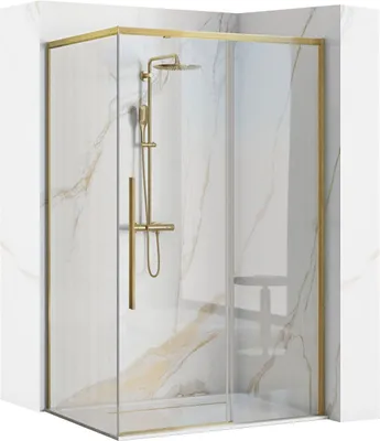 A modern shower cabin with marble-like walls and gold fixtures.