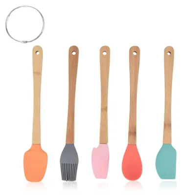 Produktbild von 5-teiliges Mini-Spatel-Set aus Silikon mit Holzgriffen: Küchenspatel, Gebäckpinsel, kleines Küchenutensil, Wender, Backwerkzeug, Löffel, Schaber.