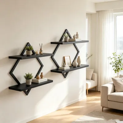 Produktbild von 2er-Set Wandregal,Schweberegal im Rauten-Design,Deko Regal für Wände,2-stöckige Hängeregale,Metallgestell,für Wohnzimmer,Schlafzimmer,Küche & Büro