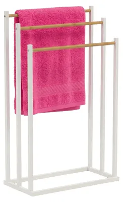 Immagine prodotto di Portasciugamani Relaxdays, L x P x A: 76 x 45 x 21,5 cm, metallo, 3 aste in bambù, portasciugamani da appoggio, bianco/naturale