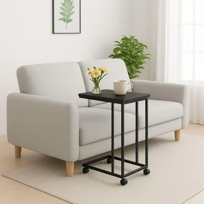 Immagine prodotto di Tavolino laterale a forma di C con ruote - Piano effetto legno